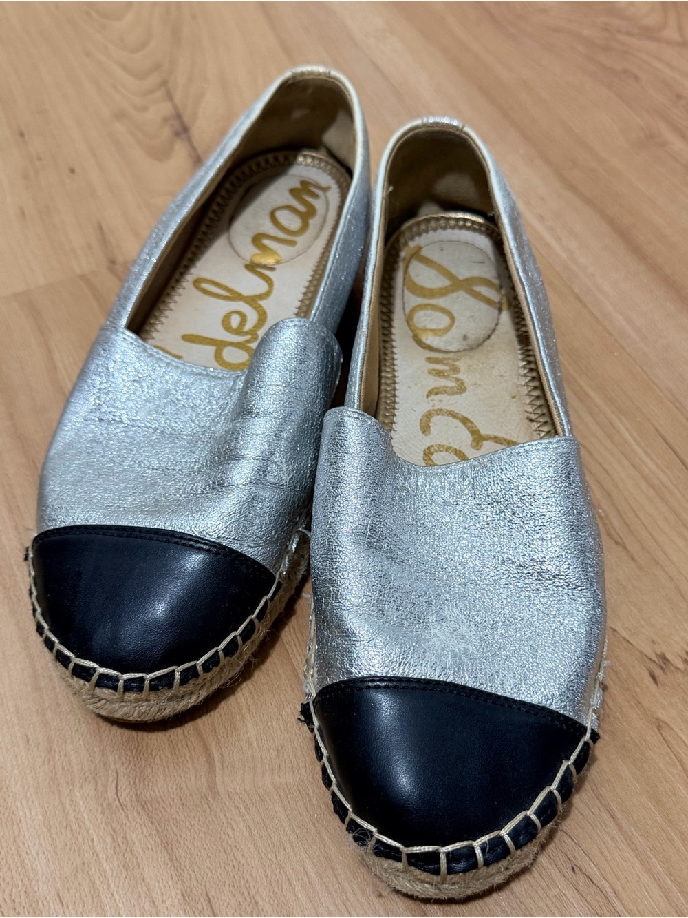 Sam Edelman Silver Leather Espadrilles with Black Cap Toe size 8